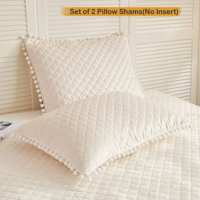 LIFEREVO Set of 2 Diamond Quilted Velvet Bed Pillowcases 20"x26", Pom Poms Fringe Decorative Throw Pillow Shams, Soft Bed Pillow Cases Zipper Closure for Teen's Girls Bedroom (Beige, Standard) - Image 2